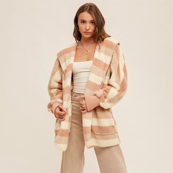 NEW Boutique Hooded Pink Teddy Jacket Cozy Sherpa Fleece Weekend Furry Soft Warm - Picture 2 of 5